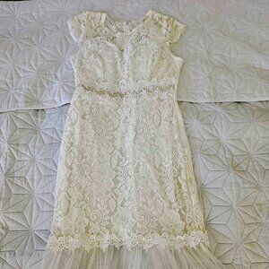 Cream Lace Midi Dress with Sheer Tulle Hem